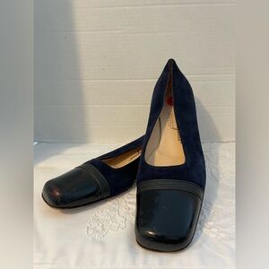 Salvatore Ferragamo Navy Blue Suede & Patent Leather Classic Square Toe Shoes